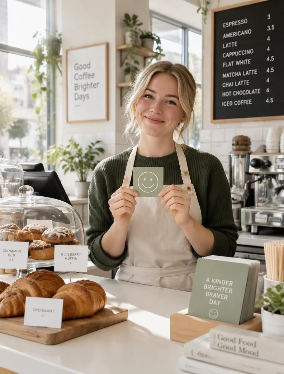 Smilende kafémedarbeider som holder opp et grønt smilefjes