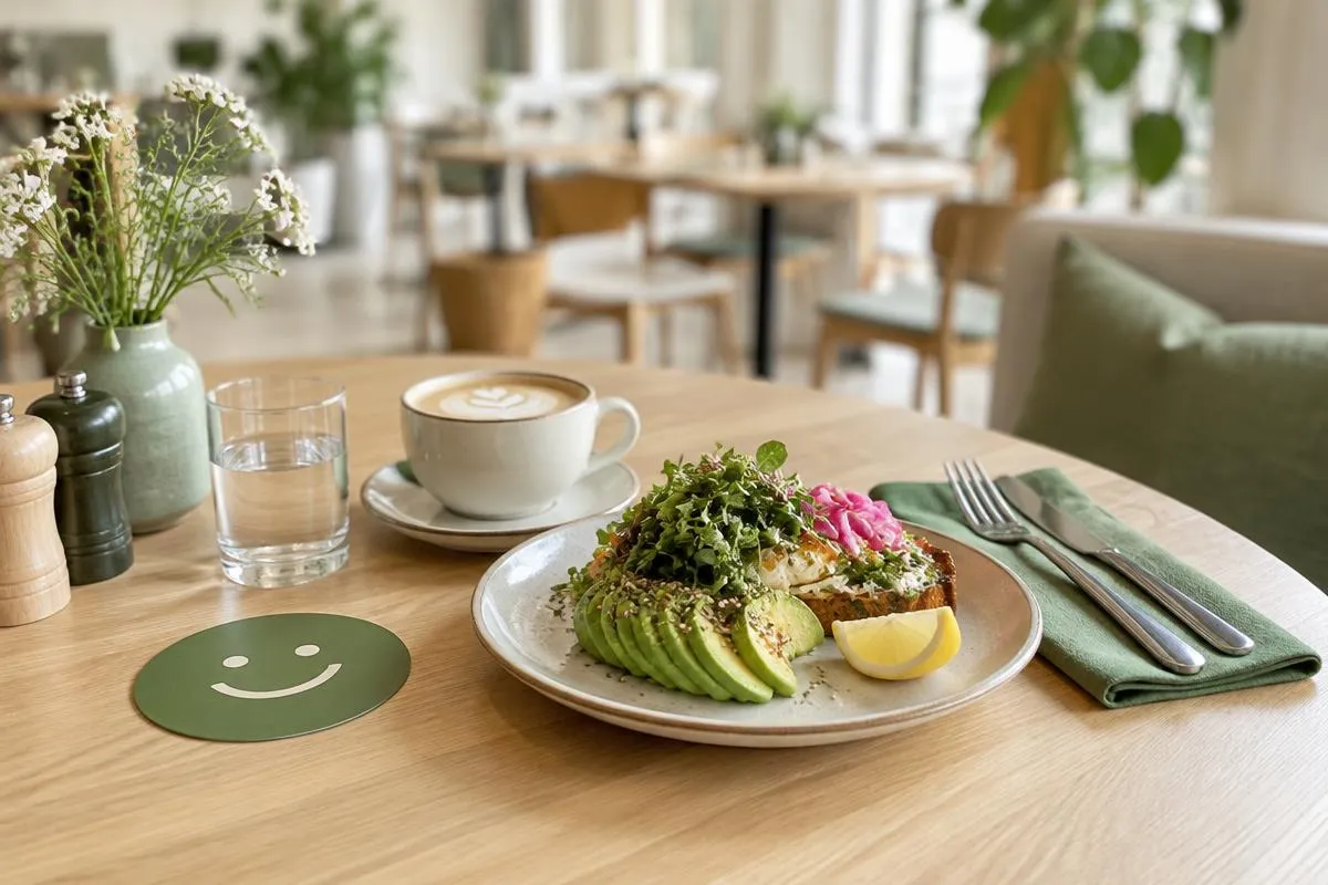 Dekket kafébord med kaffe og en lunsjrett